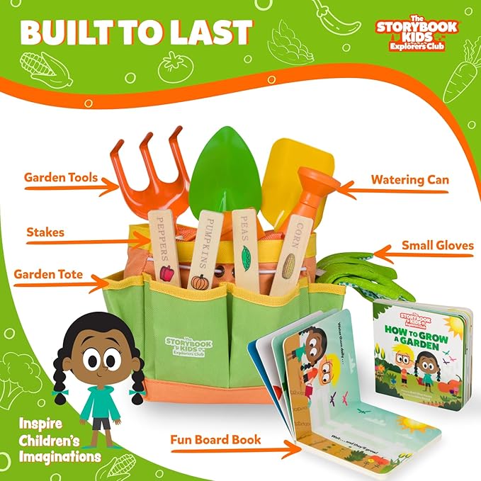 Matching Board Book - Green Kids Gardening Tools Set Includes Sturdy Tote Bag, Watering Can, Shovel, Rake, and Trowel - Garden Storybook - Kids Garden Tools- Easter Gifts for Toddler Age on up.