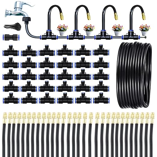 98Ft Greenhouse Drip Irrigation Kit Automatic Irrigation System 360°Adjustable 30 Brass Spray Nozzles 12mm Irrigation Tubing Hose Patio Misting Plant Watering with Blank Distribution Tubing Hose