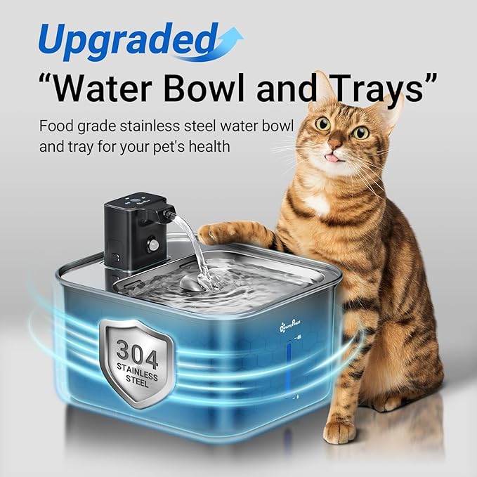 DownyPaws Cat Water Fountain Stainless Steel Cordless, 101 oz/3L FurSink Wireless Cat Water Dispenser for Pets, Battery Operated Pet Drinking Fountain with Motion Sensor, Easy Clean, Black