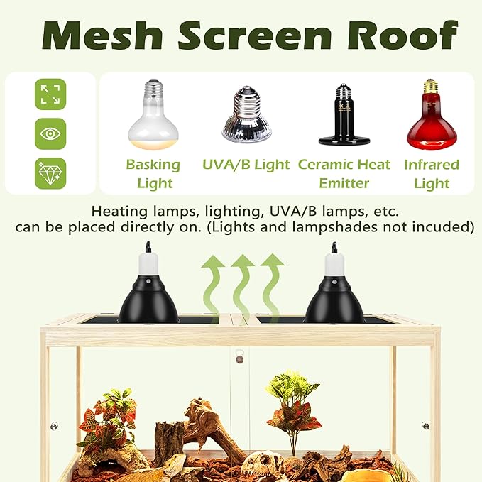 Prolee Bearded Dragon Tank with Leg Stand,Wooden Lizard Tank,Reptile Tank with Metal Mesh Roof Door, Acrylic Panel Snake Tank with Lock Design (Oak, 32"x16"x16")