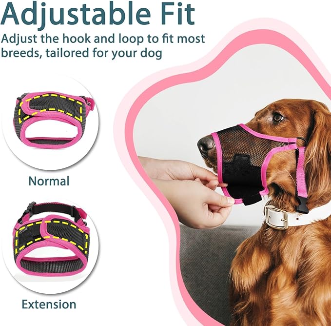 LUCKYPAW Dog Muzzle, Mesh Dog Muzzle for Large Medium Small Dogs, Soft Mouth Guard for Biting Chewing, Breathable Mouth Cover with Adjustable Strap for Training (Hot Pink, M(Snout:8.75"-9.5"))