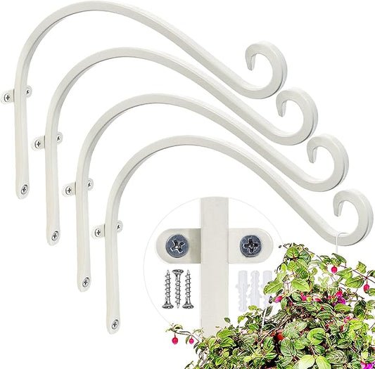 Bird Feeder Hanger: 12-Inch Wall-Mounted Plant Bracket Outdoor - 4 Pieces White Plant Hooks for Hanging Flower Baskets