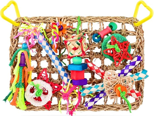 KATUMO Bird Toys, Bird Foraging Wall Toy, Edible Seagrass Woven Climbing Hammock Mat with Colorful Chewing Toys, Suitable for Lovebirds, Finch, Parakeets, Budgerigars, Conure, Cockatiel