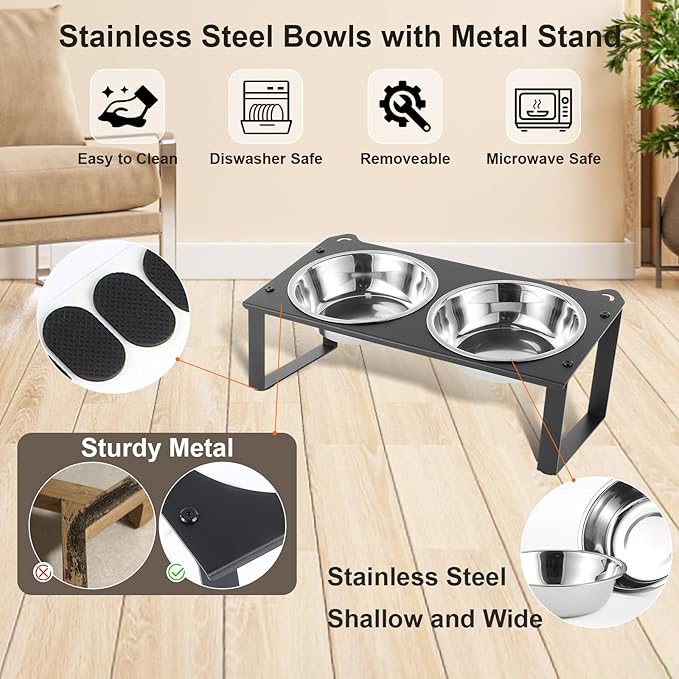 2 Set Elevated Cat Food Water Bowls, 4 Stainless Steel Bowls for Indoor Pet with Cute Metal Stand, 10° Tilted Anti-Vomiting Wide Shallow Raised Cat Dishes Whisker Friendly for Multiple Kitten,Puppy