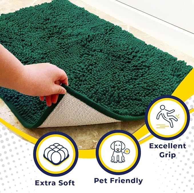 Muddy Mat® AS-SEEN-ON-TV Highly Absorbent Microfiber Dog Door Mat and Pet Rug, Non Slip Thick Washable Area and Bath Mat Soft Chenille for Kitchen Bathroom Bedroom and Indoor - Dark Green XL 59"X35"