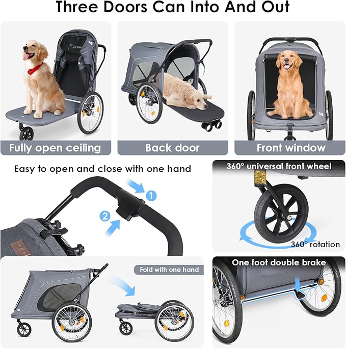 R8 Extra Large Foldable Pet Stroller, Dog Stroller & Pet Trailer for Large Dogs Under 100 lbs, Unmovable, Disabled & Pregnant Dogs - Conveniently Carriable by Bike and Car, Grey