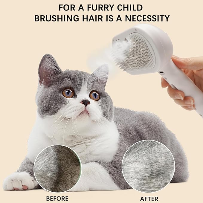 Pet Steam Brush for Cat & Dog – 4-in-1 De-Shedding, Steam Spray, and Self-Cleaning Grooming Tool – Ideal for Long and Short-Haired Pets– Includes 2 Bottles of 120 mL Waterless Shampoo(White)