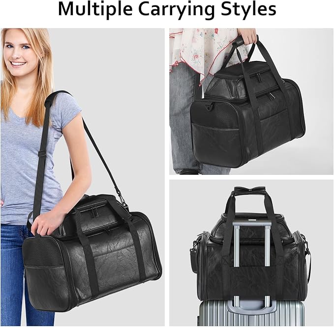 Premium Leather Top Expandable Pet Carrier for Small Dogs & Cats Under 15 lbs, Airline Approved Collapsible Soft-Sided Luxury Travel Bag Black