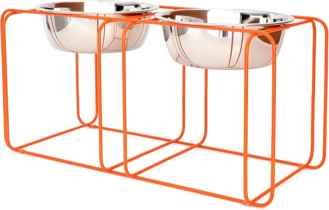Wire & Dine Elevated Dog Bowls Stand for Medium & Large Sized Dogs - 2 Stainless Steel 8 Cup Dishes - Non-Skid, Modern Minimalist Design, Dishwasher Safe, Orange Frame Holder - Made in USA