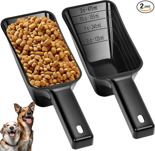 2 Cup Dog Food Scoop(2 Pack), Plastic Pet Food Scoop with Measuring Lines for Accurate Pet Food Portions,Dishwasher Safe (Black)