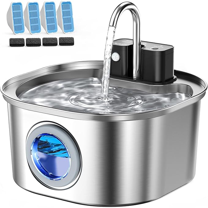 Voluas Cat Water Fountain Stainless Steel: 108oz/3.2L Wireless Cat Fountain Battery Operated for Drinking Indoor, Automatic Pet Water Dispenser Bowl with Ultra Quiet Pump, Easy Clean BPA-Free