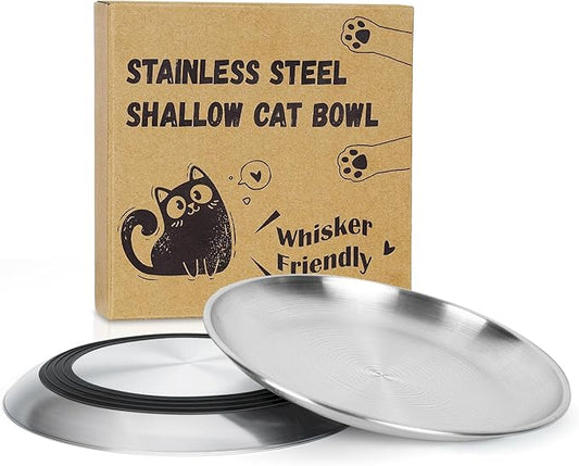 Supet Cat Plates for Wet Food, Non-Slip Whisker Friendly Bowls, Stainless Steel Shallow Wide Dishes for Indoor Cats (13Oz, 2Pcs)