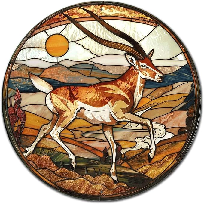 Lygond Metal Sign Tin Sign Circular Stained Glass Pronghorn Bar Signs For Home Bar For Restaurant 8×8 Inches