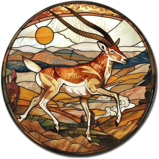 Lygond Metal Sign Tin Sign Circular Stained Glass Pronghorn Bar Signs For Home Bar For Restaurant 8×8 Inches