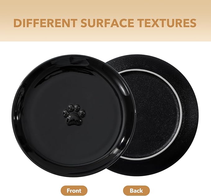 Raised Ceramic Wide Whisker Friendly Cat Dishes, Food&Water Bowl with 2 Style Stand Adjustable Pet Bowl Set(1Dish+1Shallow Dish+Stand, Black