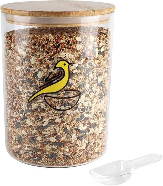 Bird Seed Storage Container,Circle Glass Bird Food Container with Airtight Wood Lid,Pet Food Storing with Birds Seed Scoop,for Wild Small Birds Food Storage,Birdfeed,Nuts(Clear)