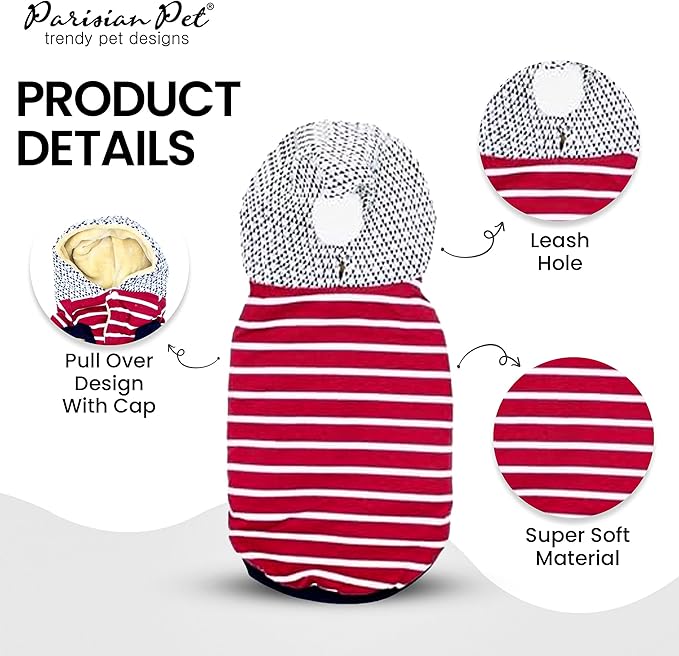 Parisian Pet Basic Dog Hoodie - Lightweight Red Striped Pom Pom Sweatshirt - Pullover With Leash Hole and Pockets - Clothes for Large Dogs - L