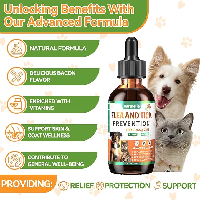 Oral Flea and Tick Support for Dogs and Cats, Natural Dog Flea and Tick Defense, Cat Flea Drops Supplements with Vitamin for Pets - All Breeds and Ages - Bacon