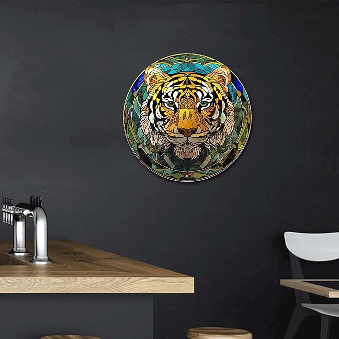 Lygond Metal Sign Tin Sign Circular Stained Glass Tigle Tin Signs Gardening For Pet 8×8 Inches