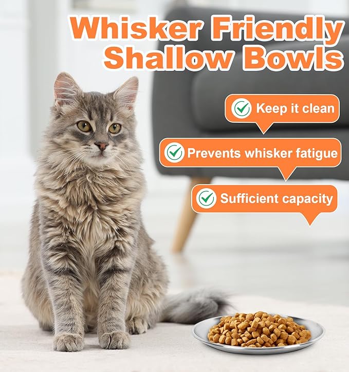 Supet Whisker Frinendly Cat Plates for Wet and Dry Food, Cat Bowls with Non-Slip Bottom, 304 Stainless Steel Flat Wide Shallow Dishes for Indoor Kitten (8Pcs)