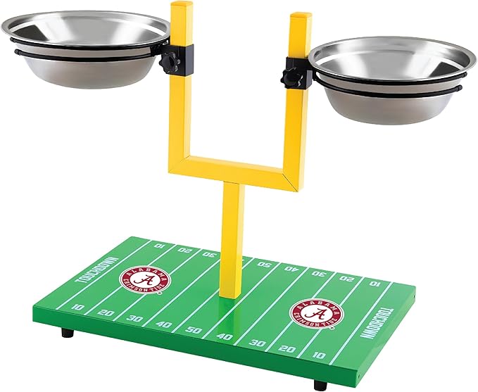 NCAA Alabama Crimson Tide Goalpost Football Field Dog Feeder – Adjustable Elevated Dog Bowls with Stand, 2 Stainless Steel Bowls, Non-Slip Rubber Feet, Raised Pet Feeder for Large & Small Dogs