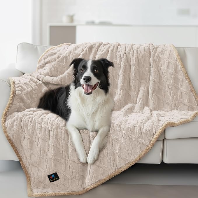 Waterproof Pet Blanket, Liquid Pee Proof Dog Blankets for Sofa Bed Couch, Reversible Sherpa Fleece Furniture Protector Cover for Small Medium Large Dogs Cats,Beige-Thicken Large（65" x 57"）