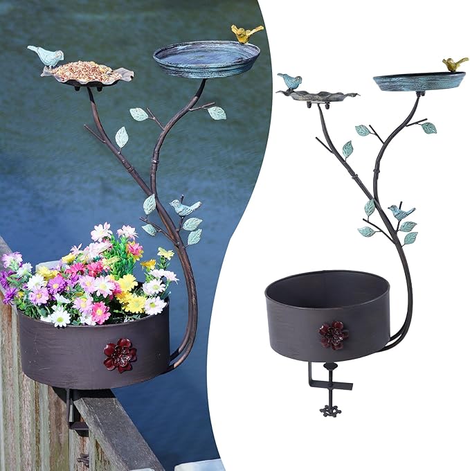 Deck Bird Bath, Bird Bath and Bird Feeder, Flower Planting Pedestal, Deck Mounted Bird Bath, for Garden Balcony Patio Deck Railing Decoration