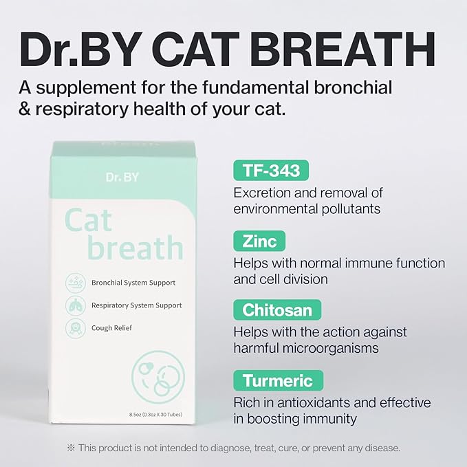 Dr.by Cat Breath Bronchial Supplements Cat Sneezing Treatment Asthma Cold Cough Nose Relief Respiratory&Immune Support with TF-343-30 lickable Formula Individually Packaged, Chicken (2 Packs (17OZ))