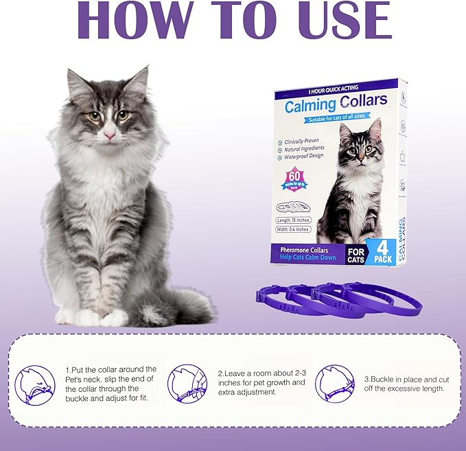 4 Pack Calming Collar for Cats - Long-Lasting Anxiety and Stress Relief, Relaxing Cat Collar,Adjustable Pheromones Collar for Cats，Natural Soothing 60 Days of Continuous Calming Move