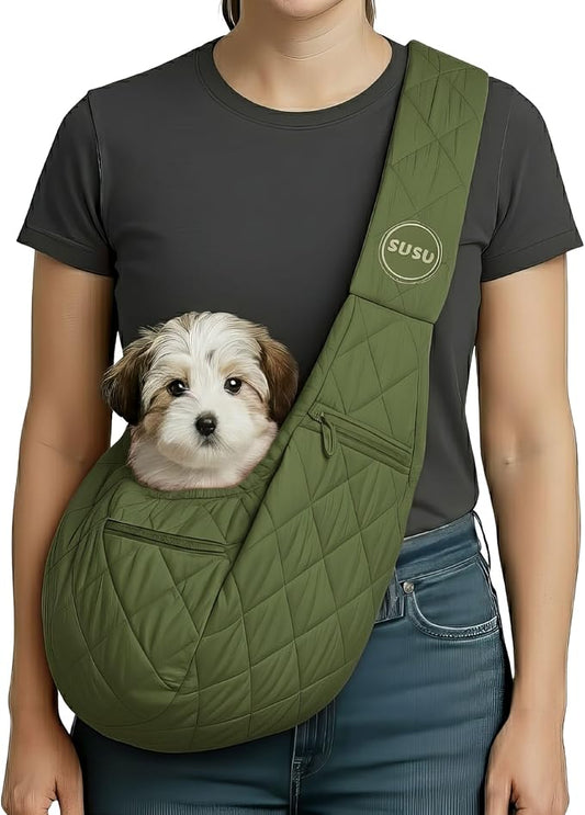 Small Dog Carrier Sling – Olive Green Hands‑Free 2‑in‑1 Sling & Handheld Carrier for Toy Dogs 3-8 lb, Parachute‑Grade Rip‑Stop Nylon, 4″ Padded Strap, Safety Tether & Two Pockets