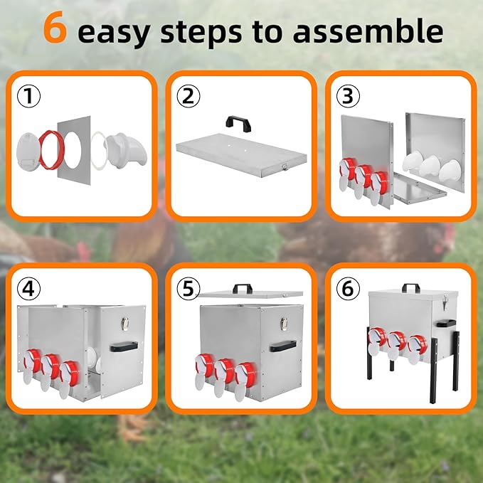 XKV Metal Automatic Chicken Feeder 30LBS with 6 Ports,Locking Lid and Legs,No Feed Waste,All Seasons Support,Weather-Resistantand Animal-Proof,Suitable for Chicken,Geese,Ducks,Turkeys,Quails