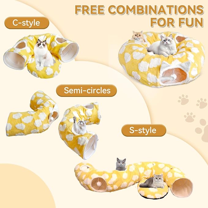 Donut Cat Tunnel Bed with 4 Peekaboo Holes, Multi-Cat Play Tube & Cozy Cave, Plush Indoor Kitten Toy Tent, Machine Washable and Collapsible
