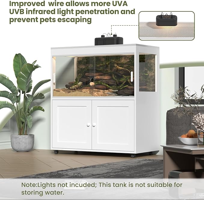 Large 60 Gallon Reptile Terrarium with Storage Cabinet and Sliding Door Handle, Reptile Tank with Wheels & Metal Mesh Roof Door – Ideal Habitat Enclosure for Snakes, Lizards, and Geckos