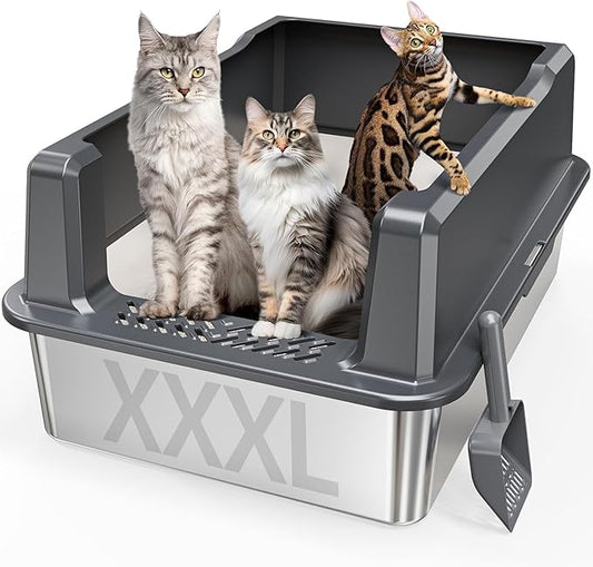 Extra Large XXL Stainless Steel Cat Litter Box with Lid, 26" L x 18" W x 12" H Metal Litter Box with Hight Sides for Big Cats & Multiple Cats, Never Absorbs Odors, Anti-Urine Leakage, Easy Cleaning