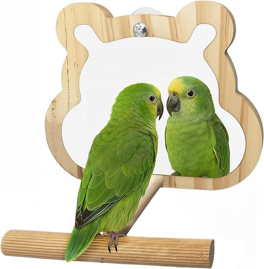 Wooden Bird Mirror with Perch for Cage, Parakeet Toys, Budgie Interactive Toys,Bird Cage Accessories for Parrots Cockatiel Conure Lovebirds Finch Canaries