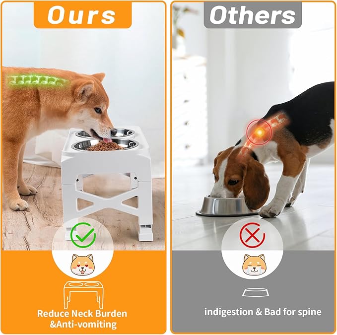 Elevated Dog Bowls with 2 Stainless Steel Food & Water Raised Bowls with No Spill Edge Non-Slip Stand Adjusts to 5 Heights(3.2", 8.77", 9.9",11.1", 12.3") for Small Medium Large Dog and Pet White