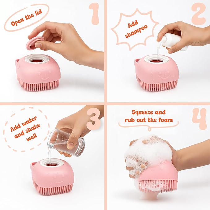 HamInWay Dog Bath Brush, 2-in-1 Dog Brush for Grooming with Built-in Shampoo Dispenser, Gentle Silicone Bristles for Bath & Massage,Easy Clean Design for Dog, Cats & Small Pets, Pink