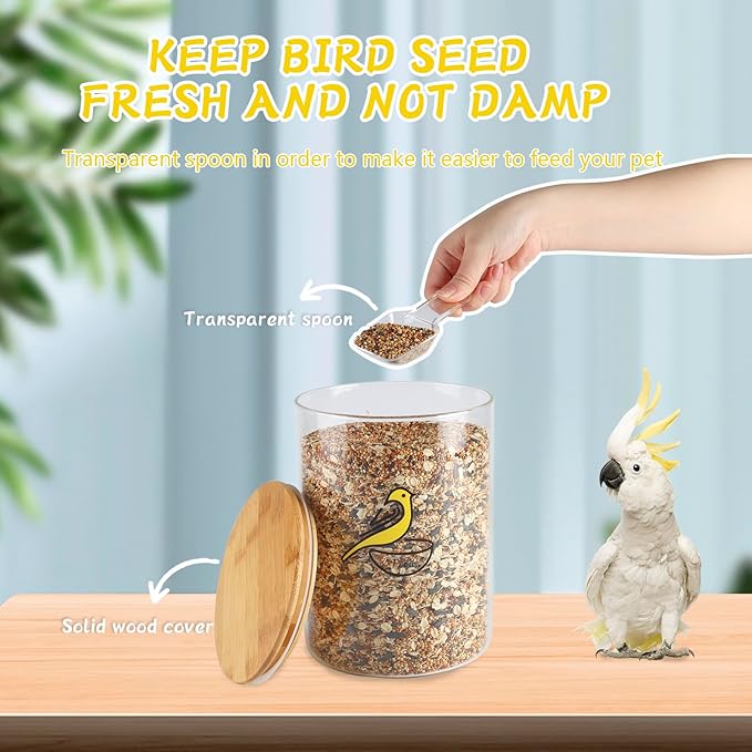 Bird Seed Storage Container,Circle Glass Bird Food Container with Airtight Wood Lid,Pet Food Storing with Birds Seed Scoop,for Wild Small Birds Food Storage,Birdfeed,Nuts(Clear)
