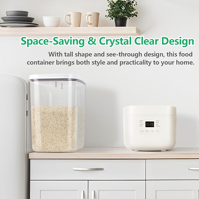 Airtight Rice Container 25 Lbs with Handle and Cup – 12.68Qt Large Flour Sugar Storage Container with Pop Up Seal & Hanging Lid Hooks, Clear Tall Food Storage Bin for Kitchen Pantry Organization