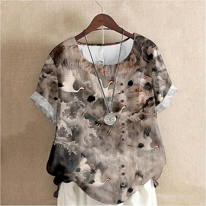 Japanese Print Women Summer Shirts Flower Bird Graphic Plus Size Tunic Tops Crewneck Short Sleeve Blouses