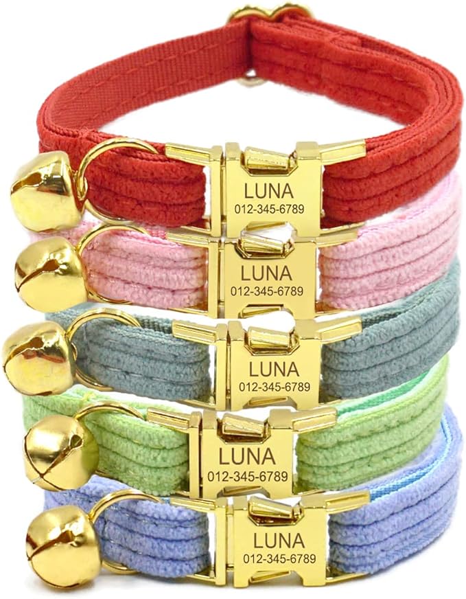 Personalized Cat Collar with Engraved Name and Phone Number - Customizable Kitten Collars for Boys and Girls (Stripe Velvet)