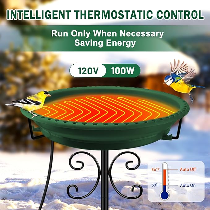 Daoeny Heated Bird Baths for Outdoors, Upgraded 100W Thermostatically Controlled Heated Bird Bath with 5-Prong Metal Base, Heated Bird Bath for Outside Winter Garden Patio Yard Lawn(Green)