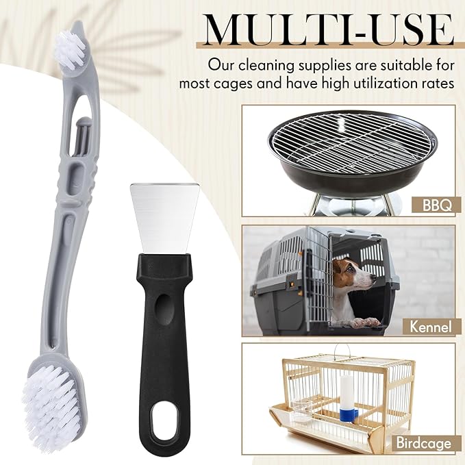 Bird Cage Cleaner with Two Brush Heads Stainless Steel Bird Droppings Cleaning Scraper Long Handle Tool for Cleaning Parrot Cages Pet Supply Cage Accessory