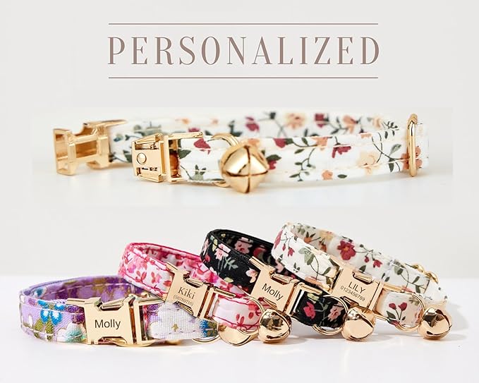 Personalized Cat Collar with Engraved Name and Phone Number - Customizable Kitten Collars for Girls (Floral Collar)