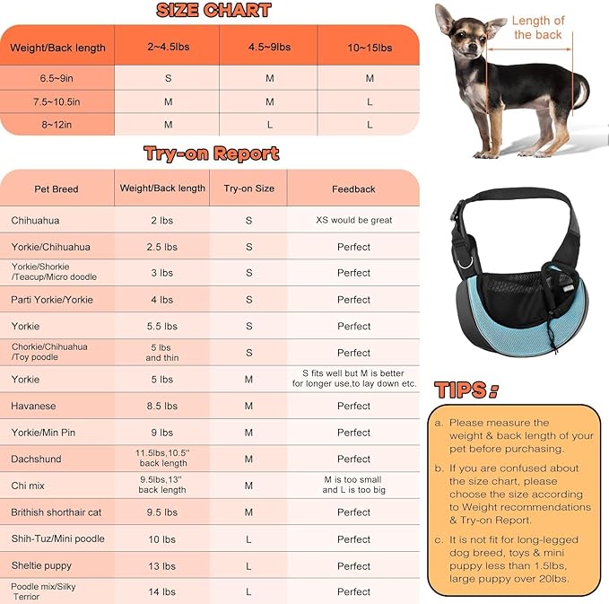 YUDODO Pet Sling Carrier for Small Dogs & Cats – Hands-Free Puppy Carrier with Safety Hook, Large Zipper Pocket, Soft Breathable Mesh, Adjustable Strap & Reflective Strip (Cyan 3.0 M)