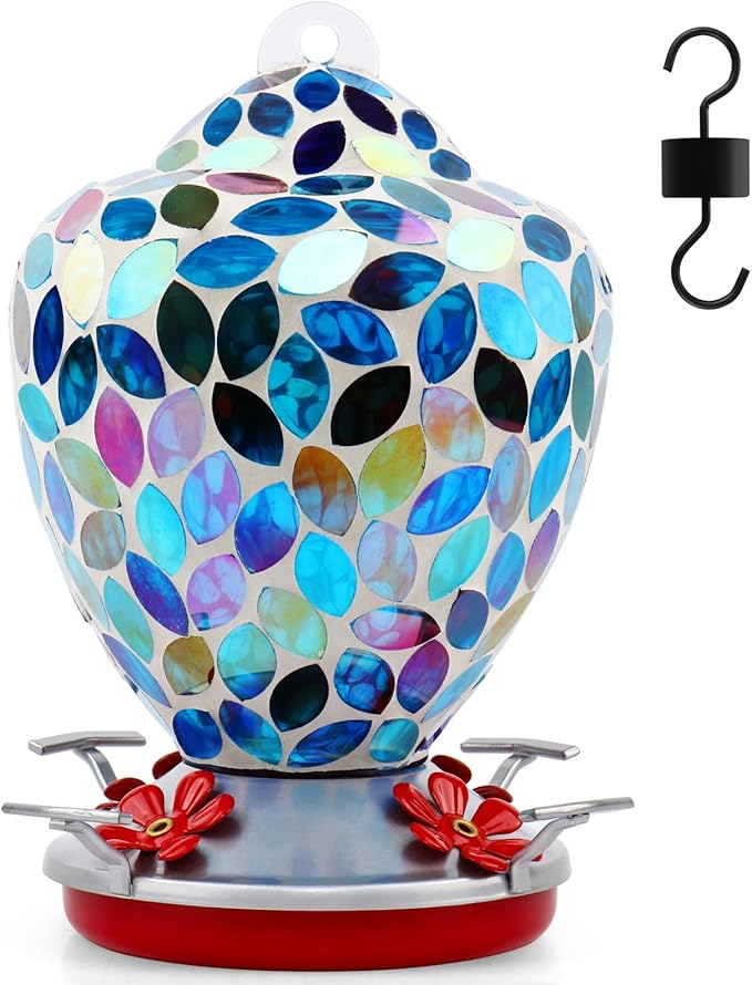 VOREEN Glass Mosaic Hummingbird Feeders, Handmade 34OZ with Ant Moat & 4 Feeding Ports, Glass Outdoor Hanging Bird Feeder, Porch Garden Backyard Decor, Gift for Mom Wife Friend, Blue Leaves Design