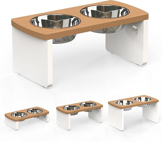 Elevated Dog Bowls, HIPS Raised Dog Bowl for Medium Dogs, with 2 Stainless Steel Bowls (7'' Tall-40 oz Bowl, Teak-White)