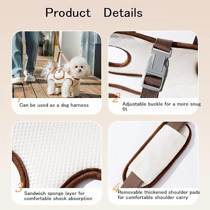 Dog Carrier Sling, Hands Free Shoulder Yorkie Carrier, Dog Full Body Lift Harness for Small Dogs-Portable Adjustable Breathable Vest Straps with Small Pet Treat Bag, for Dogs & Cats (Beige, S)