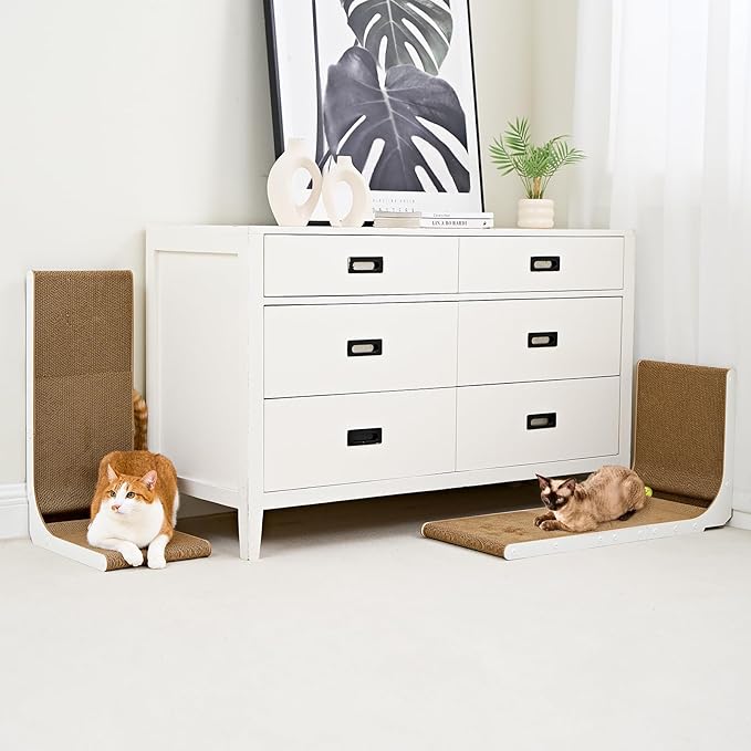 EHEYCIGA Cardboard Cat Scratcher for Indoor Cats, 32 Inch L Shaped Vertical Cat Scratching Board with Ball Cat Toy, Extra Large Cat Scratcher Pad, White
