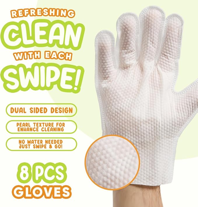 Pet Glove Wipes for Dogs & Cats | Nourish & Clean Fur & Skin | Coconut Oil & Chamomile Rinse-Free Wipes | Bathing Glove Wipes for Daily Care and Travel | Natural, Hypoallergenic (8 Pack)